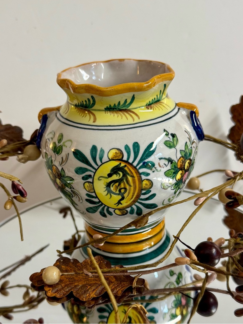 Vintage Italian Hand-Painted Raffaellesco Dragon Mini Vase.Yellow White + Blue
